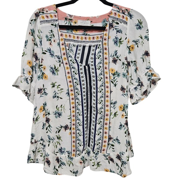 Lucky Brand Tops - LuckyBrand Floral Boho Peasant Blouse Ruffle Hem Indie Cottage S Summer Viscose
